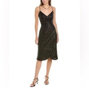 NWT Nanette Lepore sequin Black Midi Dress Spaghetti Straps faux wrap size 4